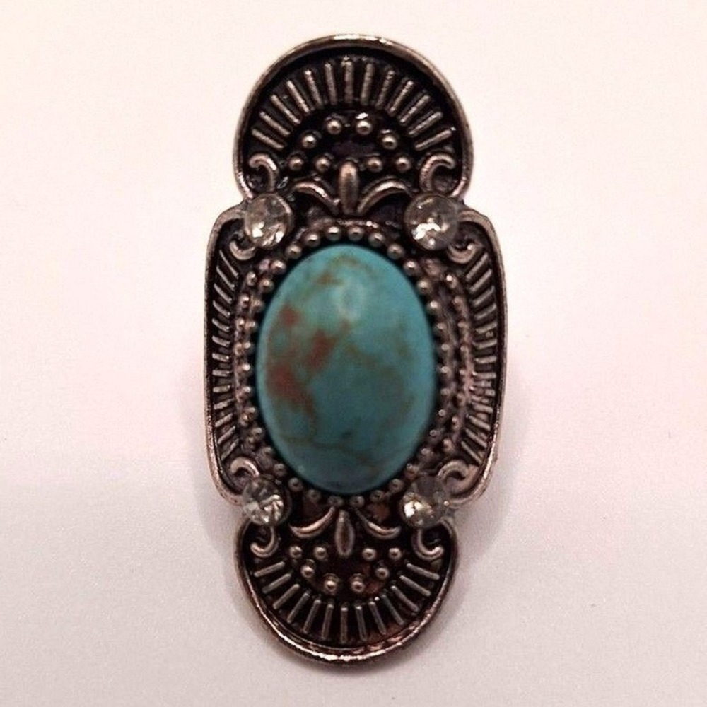 Vintage southwestern ring large blue stone clear rhinestone accents silver tone